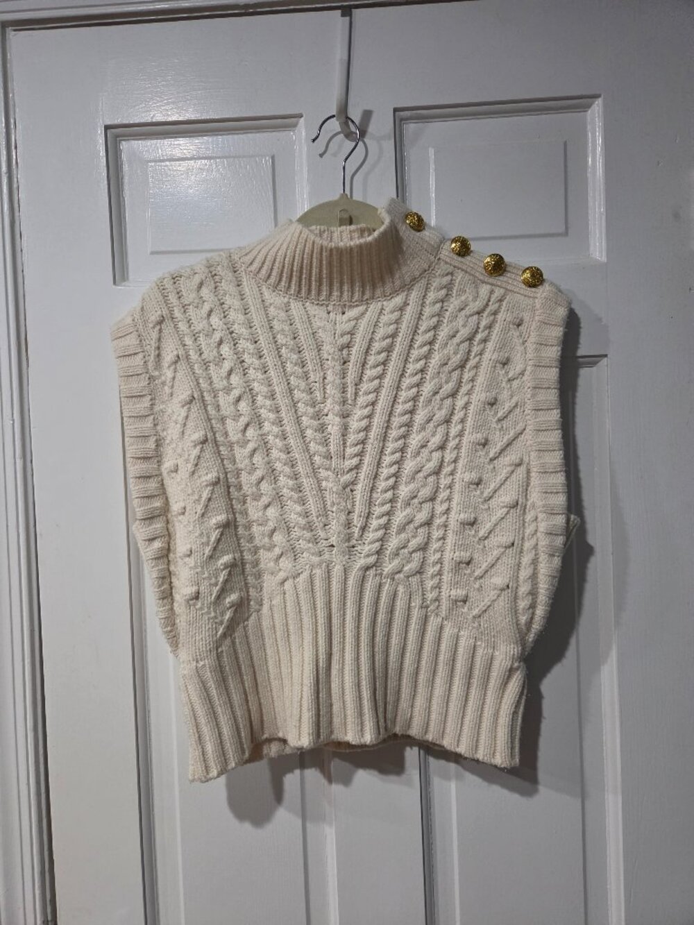 Veronica Beard Holton Cable Knit Wool Vest Off-White Gold Button Size L